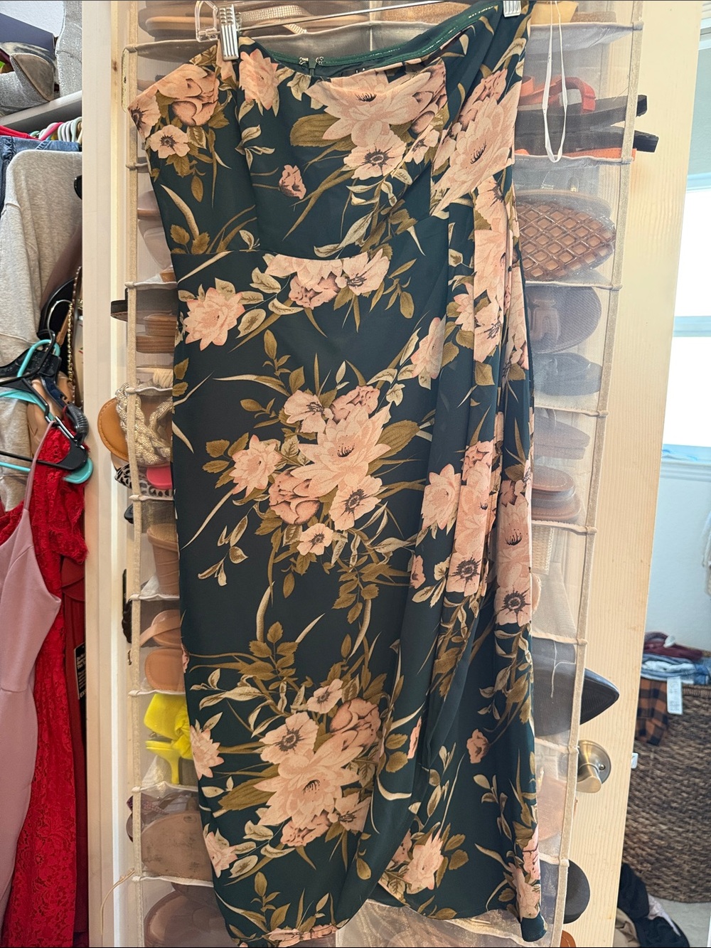 Lulu's Dark Green Floral Wrap Skirt with Blush Flowers